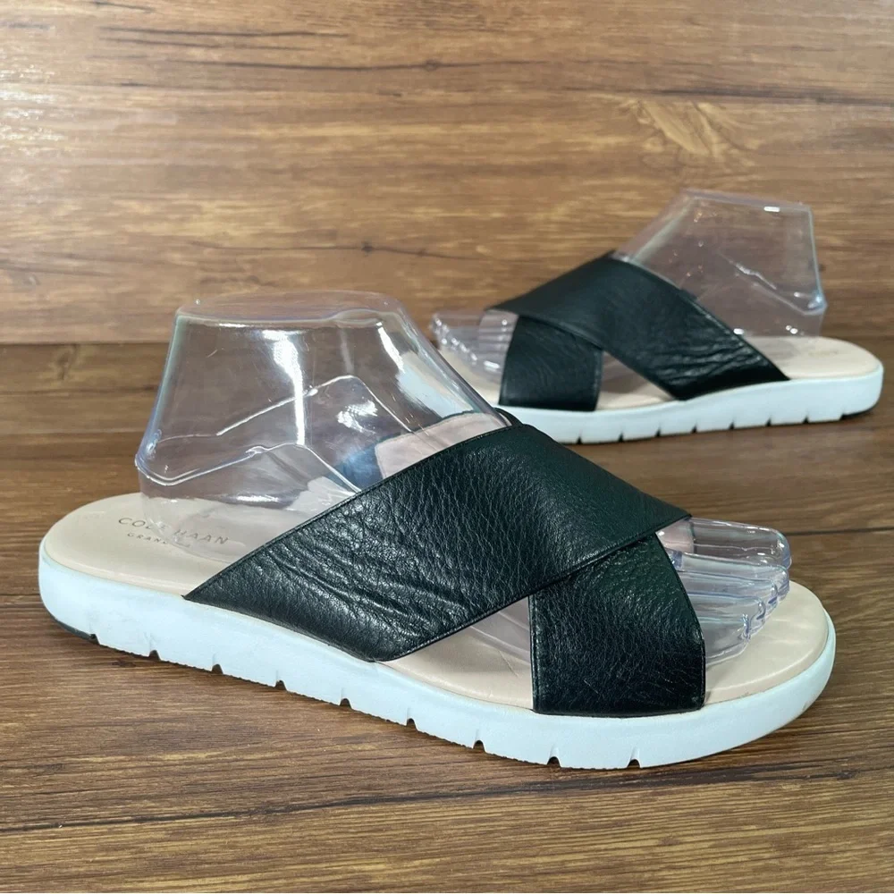 COLE HAAN‎ ZEROGRAND Criss Cross Black Leather Slides Sandals Women’s Size 9.5C